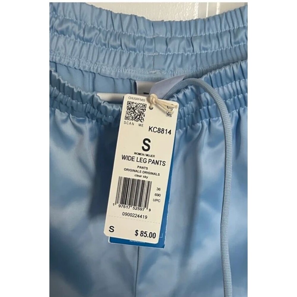NWT - adidas Track Pant Satin Bottoms Baby Blue White Ruffle Stripes - Picture 4 of 9
